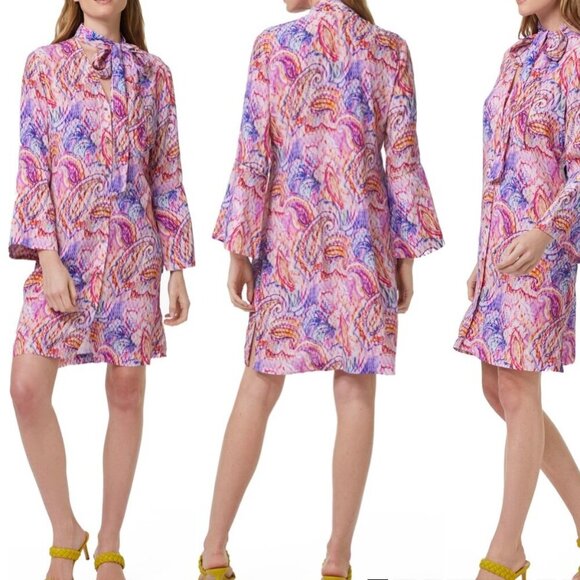 NEW Robert Graham Brenna Dress Multi Color Print Bell Sleeves Silk Blend Large